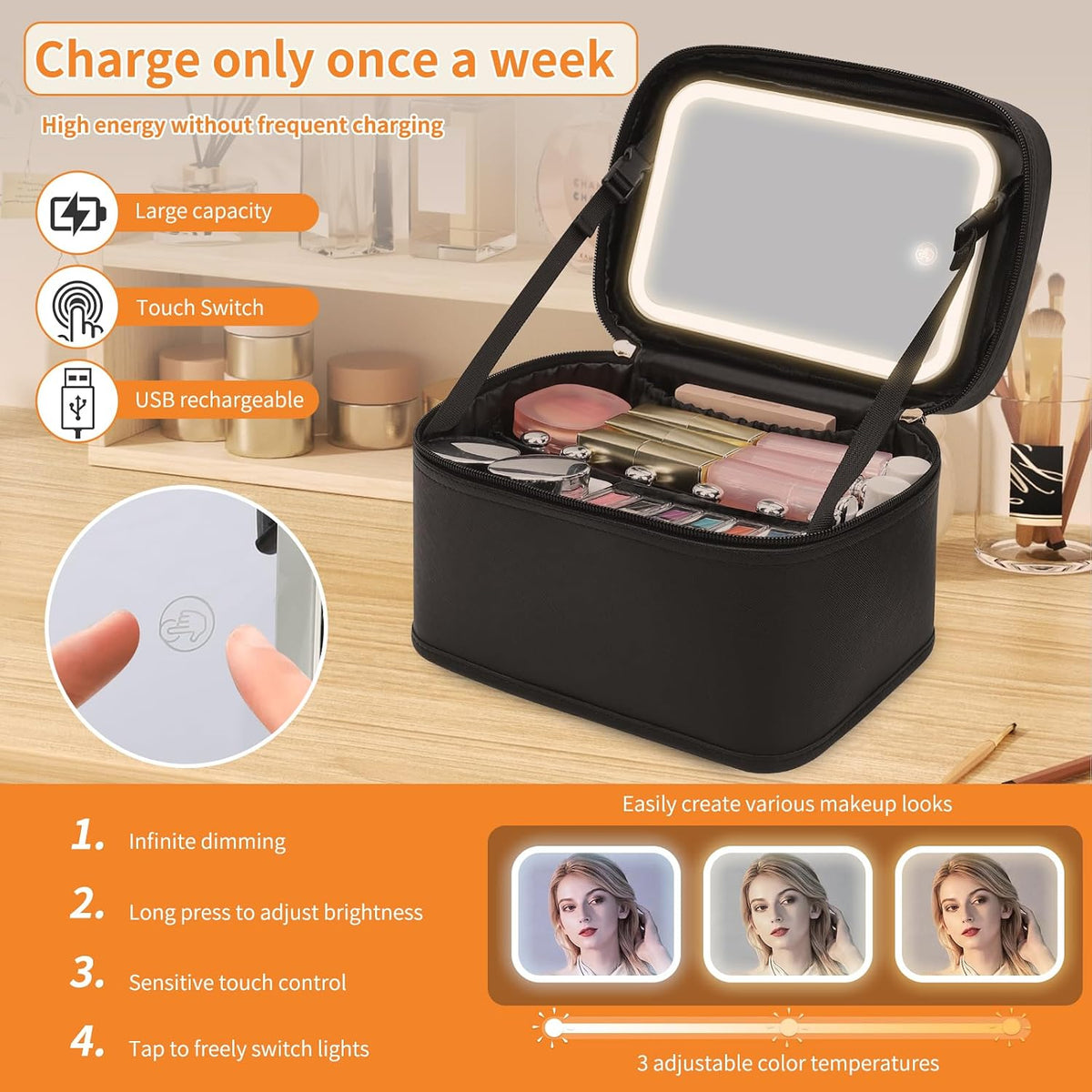 OCHEAL LED Travel Makeup Case — Black